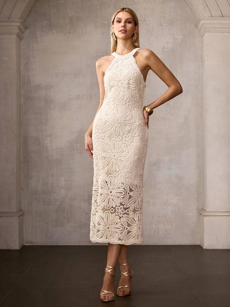 WOMEN'S HALTER NECK PARTY DRESS WITH OPENWORK CROCHET FLORAL PATTERNS, IDEAL FOR WEDDINGS, GALA DINNERS, COCKTAIL PARTIES & FORMAL RECEPTIONS