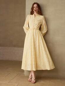 MOTF PREMIUM Đầm nữ Schiffy thanh lịch, màu trơn, có thắt lưng, thích hợp cho mùa xuân/thu. - Màu vàng - Xem 1