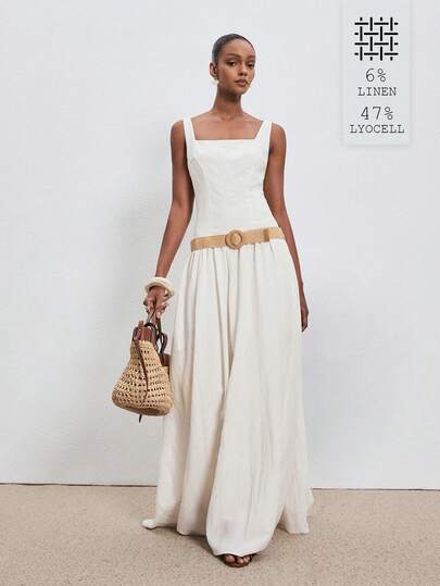 ATUI Studio 女士纯色方领无袖简约优雅夏季长裙