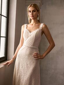 MOTF Soiréza WOMEN SWEETHEART NECK LACE GOWN WITH BACK CROSS STRAPS, FLORAL LACE ACCENTS, A-LINE FLOWING SKIRT WITH TRAIN & SHEER LIGHTWEIGHT FABRIC , IDEAL FOR WEDDINGS, GALA DINNERS, CELEBRATIONS & FORMAL PARTIES - Apricot - View 8