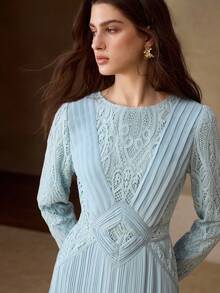 MOTF PREMIUM Đầm chiffon ren tương phản màu xanh dương, xếp ly, phối ren, dành cho nữ, mùa xuân/hè, kiểu dáng thanh lịch, ôm sát. - Màu xanh nước - Xem 5