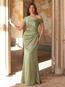 Aureia Đầm dạ hội dáng đuôi cá trễ vai sang trọng, thanh lịch bằng chất liệu satin, cỡ lớn, thích hợp cho đám cưới, tiệc tùng, kỳ nghỉ, dạ hội, hoặc làm đầm phù dâu. - màu xanh lá - Xem 2