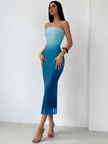 Aloruh 漸變網格印花修身連衣裙，美式風格 - 藍色 - 查看 3