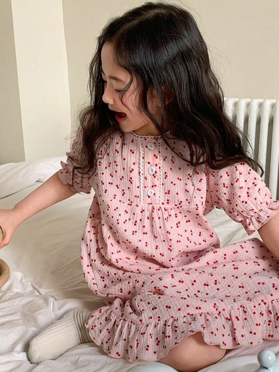 DAZY 少女樱桃印花纽扣褶皱休闲睡裙 - 粉色 - 查看 1