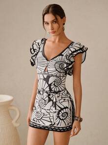 Swim Oasis 2件套女士螺旋贝壳印花荷叶袖系带露背连体泳衣+裙罩衫沙滩泳装套装，海滩度假 - 黑與白 - 查看 13