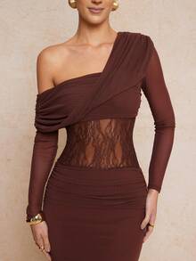 女士优雅蕾丝拼接露肩收腰长款派对连衣裙 - 咖啡 - 查看 11