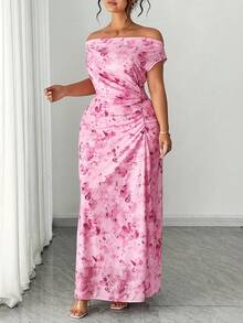 Elenzga 大码优雅约会之夜派对露肩收腰显瘦印花A字长裙 - 粉色 - 查看 5