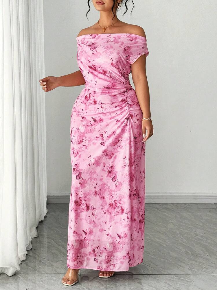 Elenzga Robe maxi évasée florale élégante pour soirée, avec épaules dénudées et taille cintrée, pour grandes tailles - Rose bonbon - Voir 5