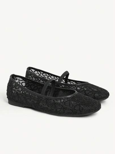 CUCCOO CHICEST 黑色网面花朵方头平底鞋，舒适柔软，简约百搭，优雅通勤女鞋