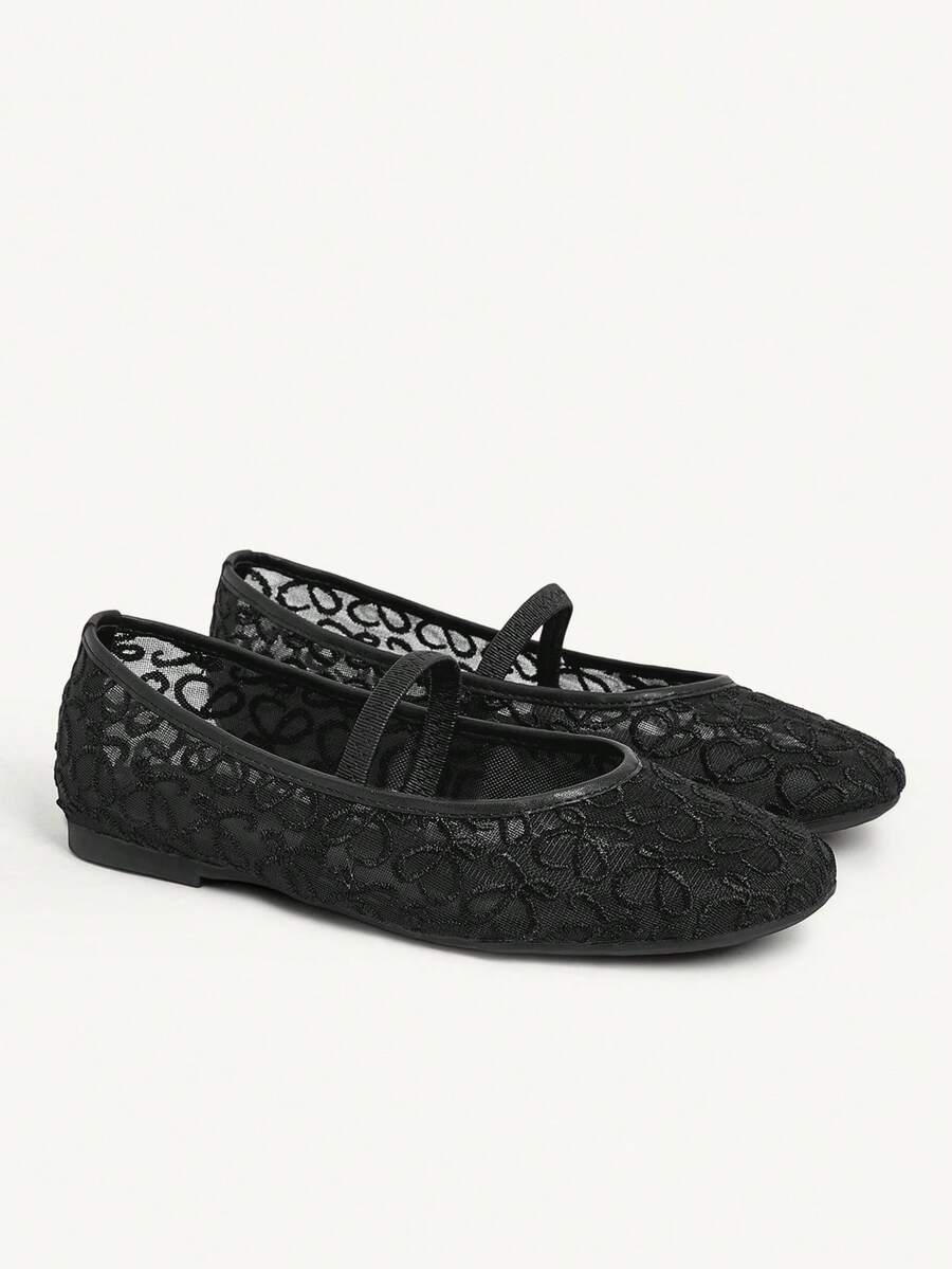 CUCCOO CHICEST 黑色网面花朵方头平底鞋，舒适柔软，简约百搭，优雅通勤女鞋 - 靜夜黑色 - 查看 1