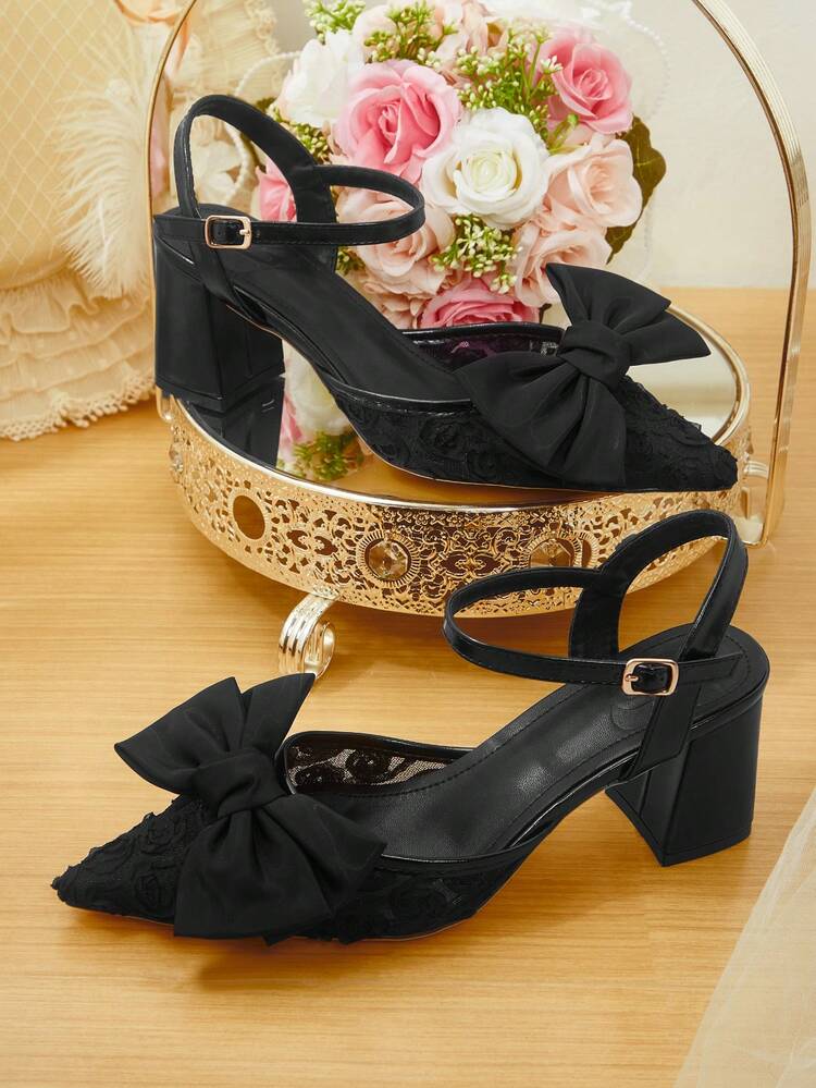 CUCCOO HITCHD Women Shoes Spring. New Pointed Thick Heel High Heel Romantic Elegant Black Mesh Flower Women's High Heel Shoes Dress Shoes Bridal Shoes Wine Ceremony Season Collection For Valentine's Day Elegant Versatile Wedding Shoes Spring Shoes Bride Shoes