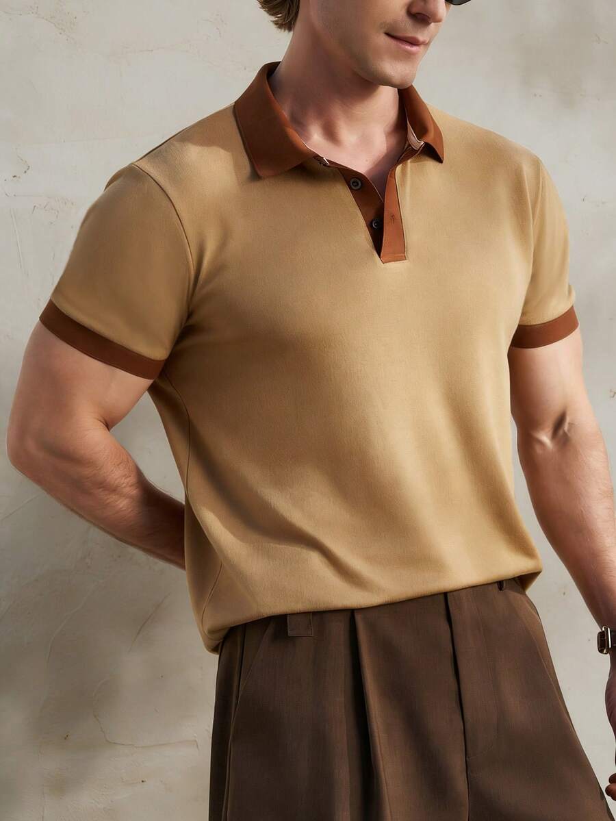 Airaco 夏季庆典复古卡其色撞色 Polo 衫，舒适海滩度假男士时尚装扮 - 卡其色 - 查看 1