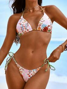 Swim Vcay Set di bikini annodato sexy da donna con top a canotta e pantaloncini in rete abbinati con stampa, adatto per vacanze, primavera/estate - Multicolore - Visualizzare 4