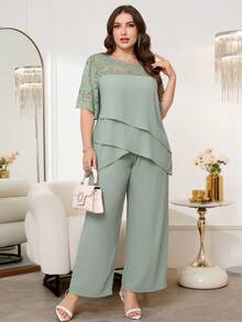 Reflora 大码女式圆领蕾丝拼接不对称下摆上衣和阔腿裤休闲两件套 - 綠色 - 查看 1