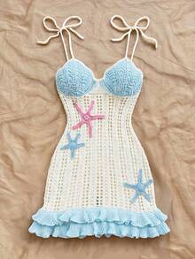 Soleia Đầm slip dệt kim khoét lỗ, phối màu tương phản, họa tiết sao biển, viền bèo nhún đôi, dành cho nữ, thích hợp cho kỳ nghỉ, hẹn hò, tiệc trà chiều, đi biển, du thuyền. - Nhiều màu - Xem 3