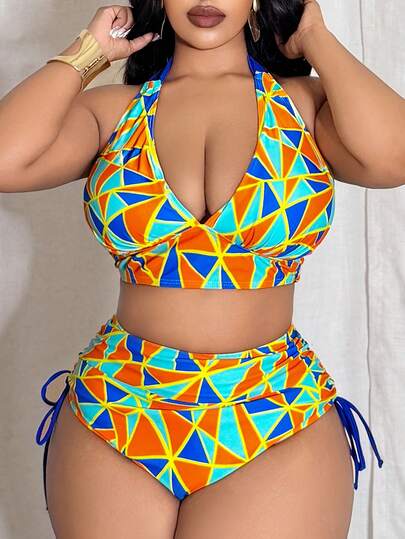 Slaydiva Conjunto de traje de baño talla grande, estampado de rayas de diamantes de colores con escote en V profundo, tirantes contrastantes y shorts de natación con cordón, traje de baño sexy para vacaciones en la playa