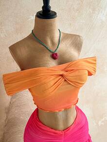 Soleia Top ajustado con hombros descubiertos y textura plisada + Falda ajustado con volantes en el bajo, ideal para vacaciones románticas, playa, , citas y momentos sexys - Naranja Quemada - Ver 3