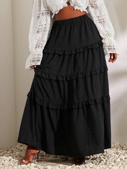 SHEIN SXY 大码休闲纯色荷叶边下摆半身裙