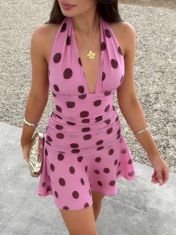 Cévolie Women's Deep V-Neck Sexy Halter Polka Dot Mini Dress, Vacation Style - Pink - View 1