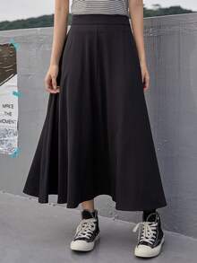 DAZY Solid Long Flare Skirt,Ruffle Fall - Black - View 4