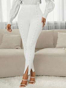 SHEIN Lady Quần legging nữ đính ngọc trai giả, kiểu dáng thường ngày, đa năng, thích hợp mặc hàng ngày. - trắng - Xem 5