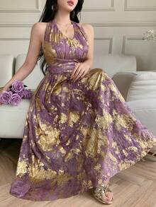 DAZY 女士优雅印花露背吊带收腰中长连衣裙，夏季 - 紫色 - 查看 1