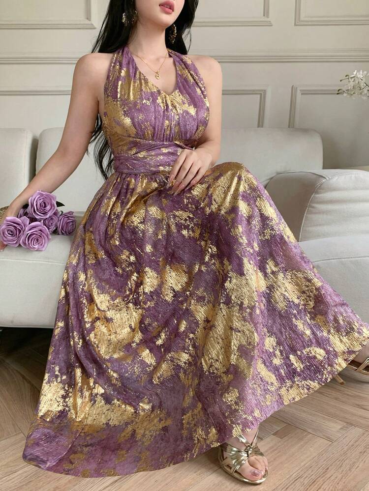 Women's Elegant Floral Print Halter Neck Backless Waist Cinched Mid-Length Dress, Summer Cocktail Dress
