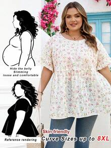 SHEIN CURVE+ Curve 尺码 US22 音乐节、海滨度假、波西米亚风女士时尚宽松圆领蕾丝袖花卉刺绣衬衫 - 彩色 - 查看 1