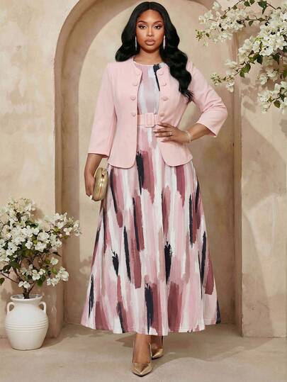 Fleurora Plus Size Solid Color Simple Versatile Jacket With Round Neck Belted Vacation Style Dress Set