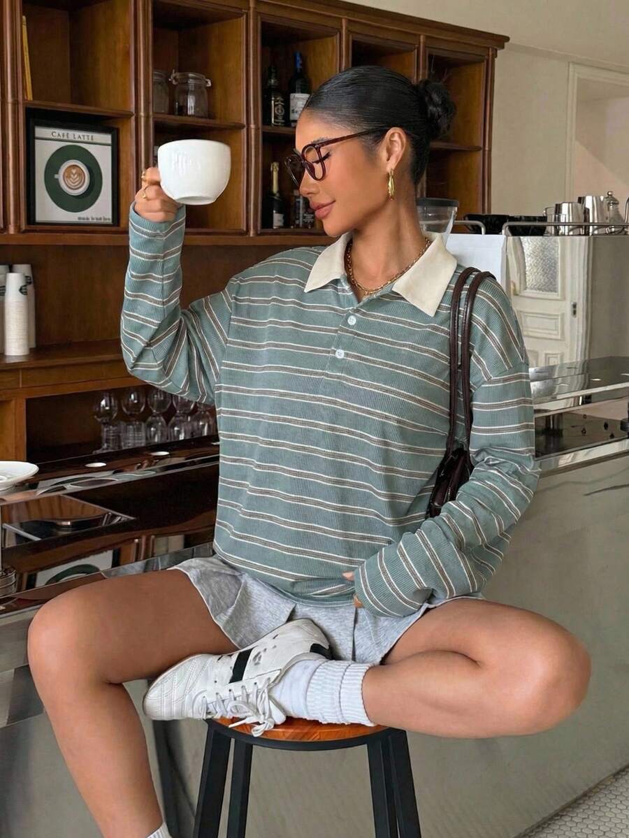Muchica Water Duck Blue Striped Knit Casual Women Long Sleeve T-Shirt - Teal Blue - View 1