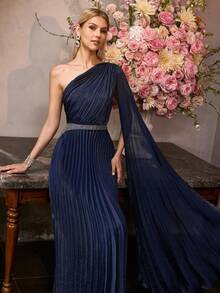 MOTF PREMIUM ELEGANT DEEP BLUE EXTRA LONG SLEEVE ASYMMETRIC NECKLINE MAXI PARTY GOWN FOR WOMEN | WAIST RHINESTONE EMBELLISHMENTS, PLEATED FABRIC, BODYCON FIT FOR NEW YEAR, VALENTINE'S DAY, FORMAL PARTIES, GALAS & CELEBRATIONS - Navy Blue - View 6