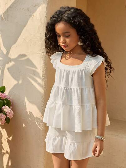 Sparklyn Girls' Casual Vacation White Patchwork Cap Sleeve Shirt, Spring/Summer Tops, Versatile, Fresh And Energetic, Suitable For Vacation, Travel And Various Occasions