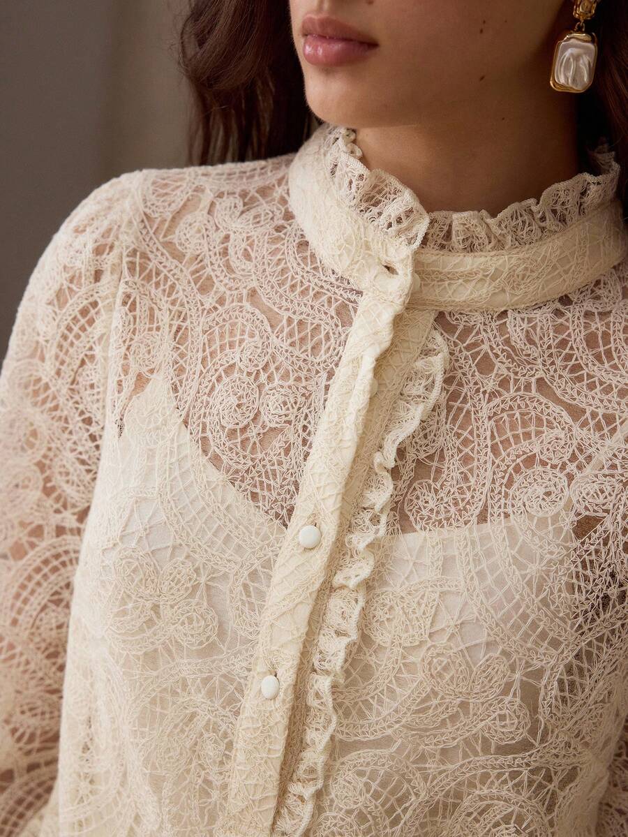 MOTF PREMIUM SPRING/SUMMER NEW LACE FRILL COLLAR LONG SLEEVE WOMEN TOP - Apricot - View 1