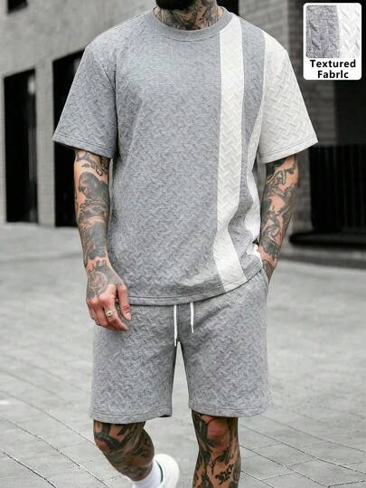 Manfinity CasualCool 男士舒适拼接圆领短袖T恤套装（2件装），搭配抽绳松紧腰短裤，休闲百搭，适合度假、聚会、外出、运动、简约办公等场合，春秋季节穿着也十分合适。经典日系短袖短裤套装，畅销经典款，自用或送礼皆宜。