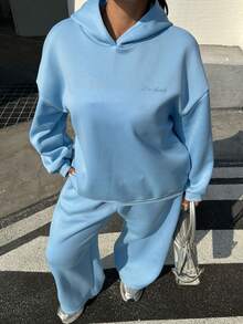 Muchica Plus Size Solid Color Letter Embroidery Hoodie And Wide Leg Pants Casual 2 Pieces Set - Baby Blue - View 3