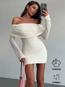 Aloruh Vestido mini ajustado de manga larga semitransparente con hombros descubiertos, color albaricoque, de tela texturizada para citas románticas y vacaciones - Albaricoque - Ver 9