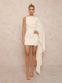 Lumalex 女士优雅休闲杏色圆领系带金属装饰纽扣无袖修身喇叭短连衣裙，春夏款 - 杏色 - 查看 11