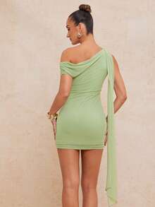 Lumalex 女士纯色不对称荷叶边修身连衣裙 - 淡綠 - 查看 8
