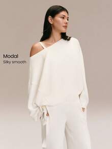 GLOWMODE SoftSerene Modal Own Your Flow Soft Silky-Smooth Breathable Waist Length Adjustable Drawstring Hem One-Shoulder Pullover Sweatshirt Daily Casual Wear - White - View 1