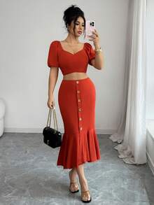 SHEIN Clasi 2pcs/Set Women's Elegant Casual Solid Color Cross Cutout Waist Button Decor Fishtail Hem Skirt & Off-Shoulder Puff Sleeve Top - Redwood - View 6