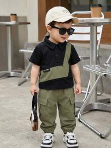 SHEIN Playful Pals 2件套幼儿男童休闲拼接短袖Polo衫和松紧腰纯绿色工装裤套装，适合户外运动、休闲外出、购物和旅行，适合6个月至2-3岁的儿童。 - 彩色 - 查看 9