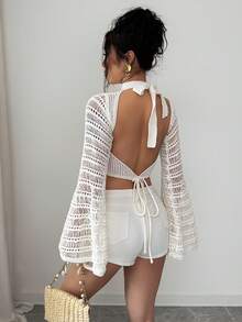 Xyvia Women's Sexy Hollow Out Sleeve Cropped Knit Sweater, Spring - Beige - View 2