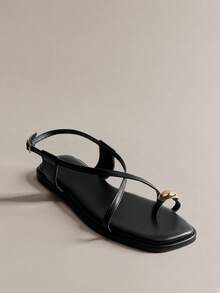 Hauture 女士时尚休闲方头系带人字凉鞋，镀金装饰 - 黑色 - 查看 5