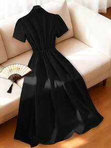 SHEIN Franclia Đầm midi nữ thanh lịch cài nút thắt eo, thích hợp cho mùa hè. - màu đen - Xem 2