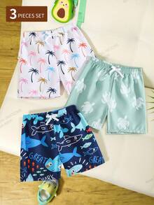 Young Boy Animal Print Drawstring Waist Beach Shorts - Multicolor - View 7