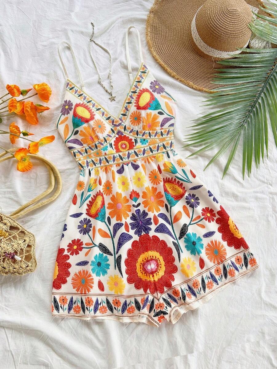 Soleia 女士彩色热带印花连体裤，细肩带设计，金属装饰，适合早午餐、夏季、母亲节、毕业典礼、教堂、海滩、音乐节、机场、下午茶、秋冬季等场合。 - 橘色 - 查看 1