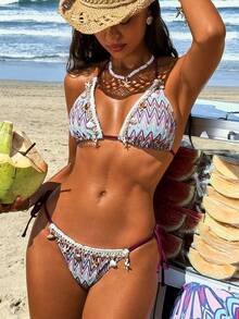 Swim Vcay Women's Summer Beach Hollow-Out Knitted Jacquard Fabric Halter Top And Side Tie Swim Shorts Casual Vacation Style Bikini Set - Multicolor - View 1