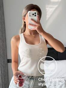 DAZY Heart Pattern Fitted Sleeveless Tank Top, Summer Wear For Women - Beige - View 6