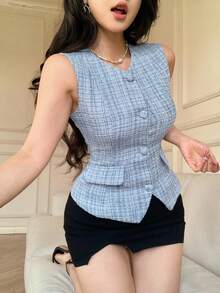 DAZY Women's Elegant Sleeveless Fitted Jacket For Commuting, Summer - Blue - View 3