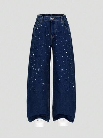 SHEIN ChillGRL Pantalones vaqueros anchos y sueltos de mezclilla lavada con aplicaciones de diamante de imitación, de estilo minimalista y casual para niñas preadolescentes en color gris
